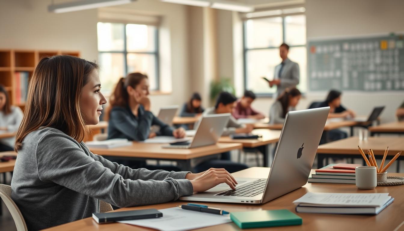Student using a study guide to organize academic notes